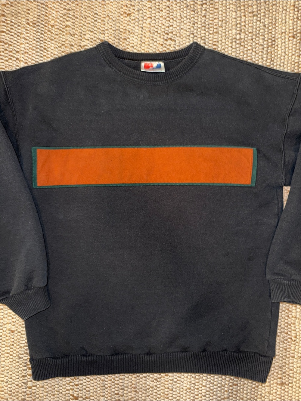 Vintage Men's Black Crewneck Sweatshirt with Orange and Green Suede Chest Panel